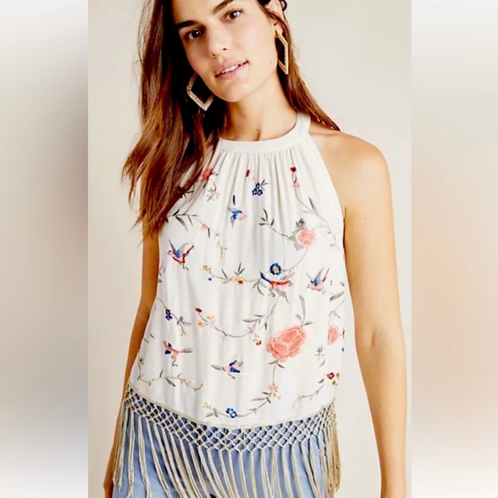 ANTHROPOLOGIE EMBROIDERED BIRDS FLORAL PRINT FRINGE GATSBY HALTER SIZE 12